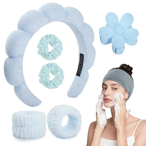 GeeRic Bandeau Spa Peau pour Femme 7PCS - Bandeau de Lavage Serre Tete Set - Bandeaus de Soin Elastique Pour fille soins de la peau, nettoyage du visage, skincare - Bleu