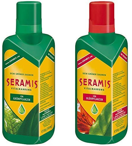 Seramis Flüssiger Pflanzendünger mit Dosierhilfe für alle Grünpflanzen, Vitalnahrung, 500 ml, Grün & Flüssiger Pflanzendünger mit Dosierhilfe für alle Blühpflanzen, Vitalnahrung, 500 ml, Grün
