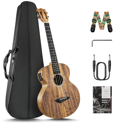 Caramel CB207 Acacia Baritone Acoustic Electric Ukulele with Truss Rod with Additional Strings, Padded Gig Bag, Strap and EQ cable