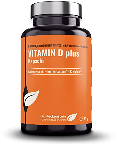 Dr. Fleckenstein vitamin D plus kapslar, högdoserade, med magnesium, vitaminer D3 (5 000 IE) + K2 (100 µg Menaquinon MK7, all-trans) och piperin, kosttillskott, 120 kapslar