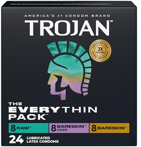 Trojan The Everythin Pack, Assorted Latex Lubricated Thin Condoms Variety Pack, Raw, Bareskin, Bareskin Studded, Premium Latex to Help Reduce Risk of Pregnancy and STIs, 24 Count