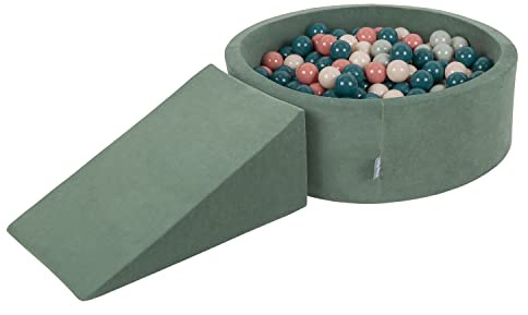 KiddyMoon Area di Gioco in Schiuma con Tondo Piscina di Palline per Bambini Piscina (200 Palline) + Cuneo, Verde del Bosco: Turchese Scuro/Beige Pastello/Verde Grigio/Salmone