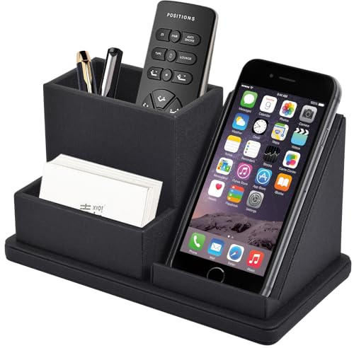 XNONE Pu Leather Desk Pen/Pencil Organizer Multi-Function Cell Phone/Remote Control Storage Box with 3 Compartments Office Supplies Sticky Note Tray Business Cards Holder,Black