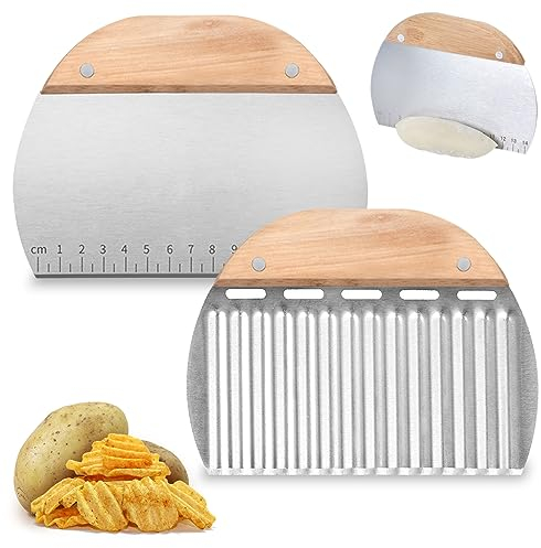PNOOFR Raschietto Per Pasta In Acciaio Inox e Coltello per Fette di Patate Set, Raschietto Spatola Per Pizza，Coltello Ondulato Verdure, Coltello Ondulato Taglia, Tagliapasta Impasto