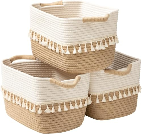 TeoKJ Woven Storage Baskets Set of 3 – Woven Basket for Clothes, Toys, Blankets, Towel, Books – Woven Basket, Decorative Fabric Storage Boxes, 15x10x9, White & Jute