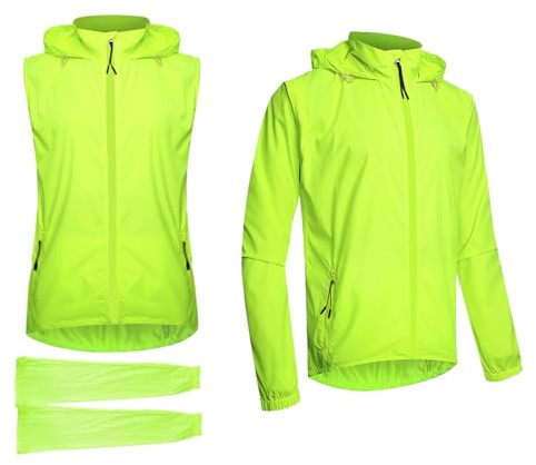 Herren/Damen Fahrradjacke, wasserdicht, atmungsaktiv, leicht, Lauftrikot, 2-in-1, abnehmbare ärmellose Weste, Softshell, UV-Schutz, Fahrradoberteile, reflektierend, Fahrrad-Regenoberteile,Green-4XL