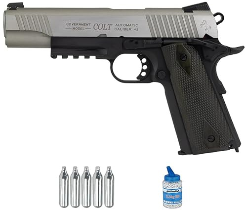 Pistola Colt 1911 Rail Gun Bicolor blowback CO2 (6mm) | Pistola ad aria compressa Airsoft (pallini in PVC) Calibro 6mm + bombola da 0,20+ 5 CO2 (Potenza: 1 joule)