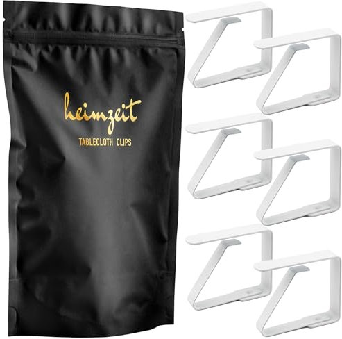 heimzeit Pinzas para Sujetar Manteles de Acero Inoxidable [6 Piezas, 4 cm] Color: Blanco, Sujetamanteles para Uso Exterior e Interior, Pinzas para Mesas con un Grosor máximo de 3 cm