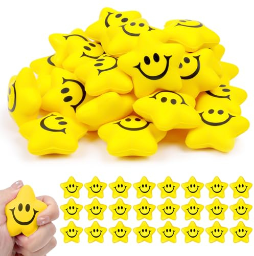 Ainiv 24 Stück Schlüsselanhänger, Stern Lächeln Gesicht Stressbälle Anhänger, 5.2cm Stern Schaum Smile Ball Schlüsselbund für Lieblingsmensch Frauen Männer Geburtstag Schlüsselring