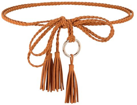 Faletony Damen Geflochtener Gürtel Taillengürtel Dünner Fransengürtel Flechtgürtel dünne gewebte Gürtel Geflochtener Fransenkettengürtel für Rock Kleid (Braun)