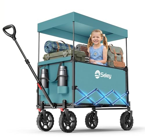 Sekey XXL Bollerwagen Faltbar Kinder 150L 150KG, Faltbarer Bollerwagen mit Dach Klappbarer Handwagen mit Sonnenschutz für Ausflug Strand Camping, Dach-S 4018, Grün