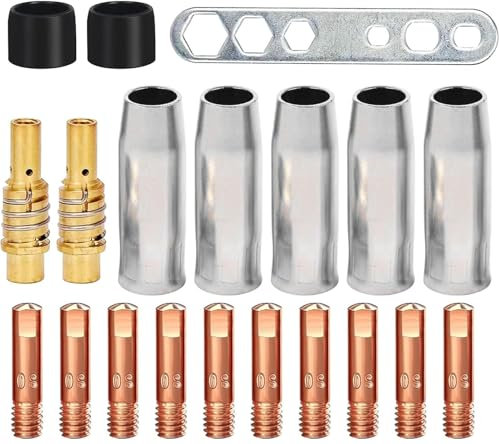 CLKE 20 Teile MIG MAG Schweißbrenner Verschleißteile für 15AK MB15, 4x Gasdüse, 2x Düsenstock, 10x Stromdüse M6 0,8 mm, 2x Isolator, 1x Werkzeug