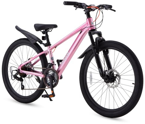 RoyalBaby Kids Mountain Bike 24 for Boys & Girls Ages 10-14 Year Old- Lightweight Aluminum, 21-Speed, Suspension Fork - Pink