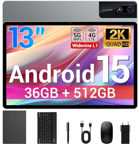 BEYNIVAN Tablet13 Pollici Android 15 tablet con 4G LTE/5G WiFi,36GB RAM+512GB ROM+1TB Espansione,2960x1848 FHD+, Gemini AI,11580mAh,13MP+8MP,BT 5.0/GPS/Split-Screen/Face ID/Tab con Tastiera,Grigio