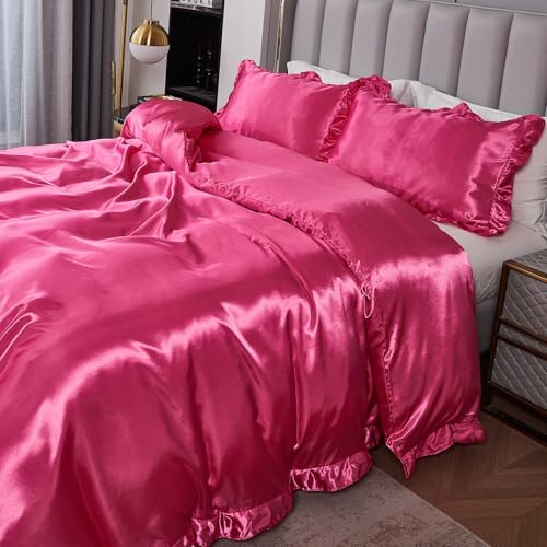 Herside Satin veckat påslakanset flickor ros sängkläder set dubbel lyxigt silkeslent satin påslakan volang lugg vintage boho sängkläder set (rosa, Storbritannien dubbel)