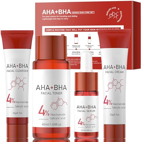 Aha Bha Skincare Set, Gesichtspflege Set für glatte Haut, Skin Care Set Pflegende mit Salicylsäure, Hautpflege Geschenkset Frauen Geschmeidig - Mit Gesichtsreiniger, Gesichtswasser, Serum, Creme