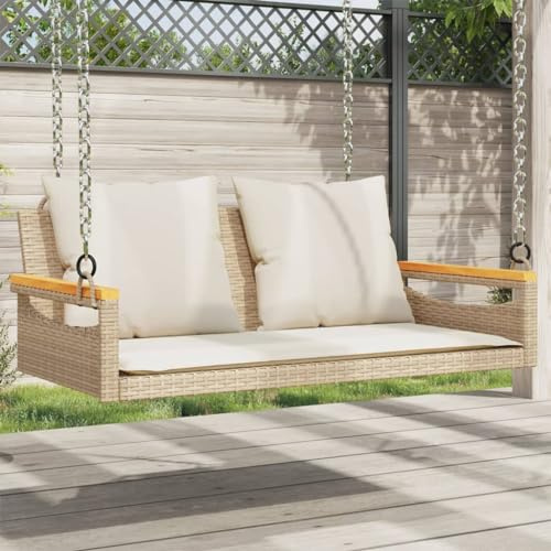 Hoopleep Banc suspendu avec coussin, beige, 109 x 62 x 40 cm, en polyrotin, résistant aux UV, banc à bascule pour jardin, siège d'extérieur