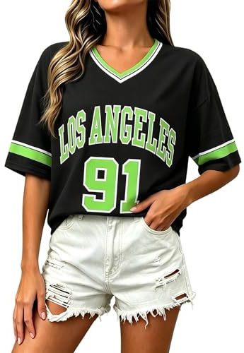 Los Angeles T-Shirt de Baseball surdimensionné pour Femme avec Bordure Graphique à Rayures Chemise de Loisirs Col en V Streetwear Rayé Graphique T-Shirt décontracté T-Shirt d'été