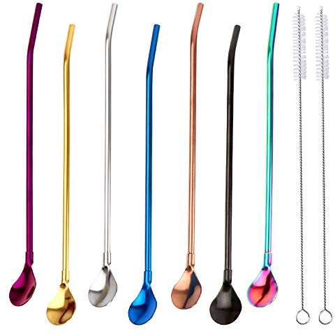 Cannucce cucchiai riutilizzabili in acciaio inox, cucchiai 2 in 1, cannucce in metallo, adatte per frullati, frappè, cocktail, caffè con 2 spazzole per la pulizia, 7 pezzi
