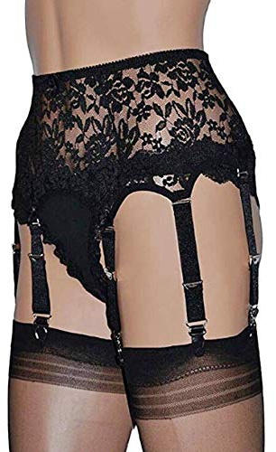 Springcmy Femmes Perspective 6 Bretelles Porte-Jarretelles Dentelle Ceinture pour Bas Cuisse Lingerie Vêtements de Nuit (Black, L)