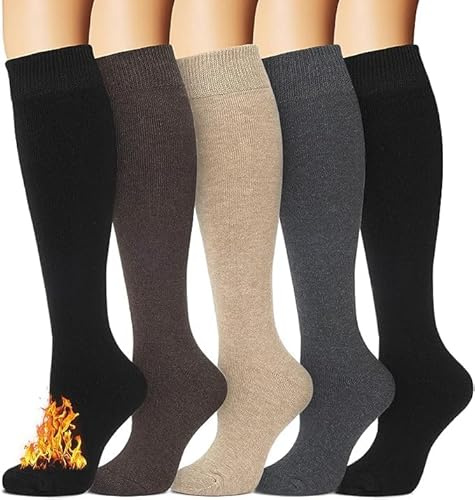 CTHH Warm Winter Knee High Socks for Women Thermal Cotton Boot Black Long Thick Socks Support for Hiking Work (Assort1, 5 Pairs)