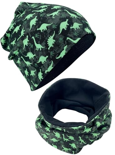 HECKBO Winter Beanie & Loop Set - Fleece Innen weich - Dinosaurier Muster - Waschbar - Einheitsgröße - Baumwolle (48–54 cm)