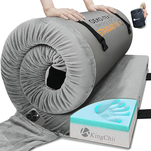 KingChii CertiPUR-US Memory Foam Camping Mattress, Portable Roll Up Travel & Car Mattress Sleeping Pad, Cot & Guest Bed for Sleepover with Waterproof Cover & Travel Bag