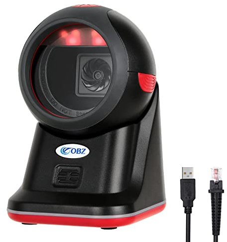 OBZ 1D 2D Barcode Scanner Desktop, QR Code Scanner USB Handsfree Barcode-Scanner Omnidirektional Barcode Reader für PC, Laptop, POS, Läden, Lager, Kasse, Bibliotheken, Supermarkt