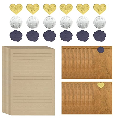 Briefumschlag Briefpapier Set,50 Vintage Briefpapiere und 16 Stück Rotbraune Umschlag Schreibpapier und 18 Siegelaufkleber Vintage Briefumschläge Umschlag Schreibpapier Set (Yellow Brown)