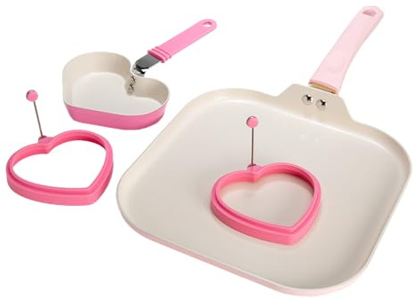 Paris Hilton Breakfast Ceramic Nonstick Cookware Set, Includes Square Griddle, Mini Heart Shaped Fry Pan and Two Silicone Heart Shaped Egg Rings, 4-Piece Set, Pink
