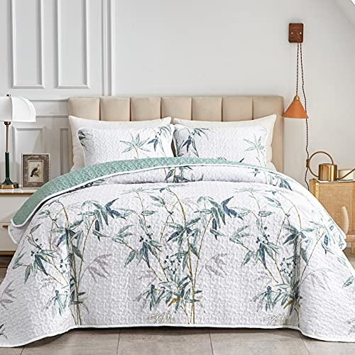 Botanical Quilt Set 3 Piece California King, Green Leaves Printed on White Reversible Bedspread Coverlet Set, Soft Microfiber Lightweight Bed Cover for All Season (102 x 114, 1 Quilt+ 2 Pillow Sham)