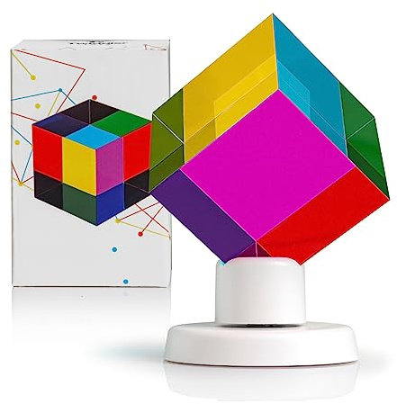 Twiddler Toys Color Mixing Cube with Display Stand – 2 Inch (50mm) Cyan, Yellow, & Magenta Acrylic Prism Optical Physics Desk Decor – Satisfying Silent Fidget Toy