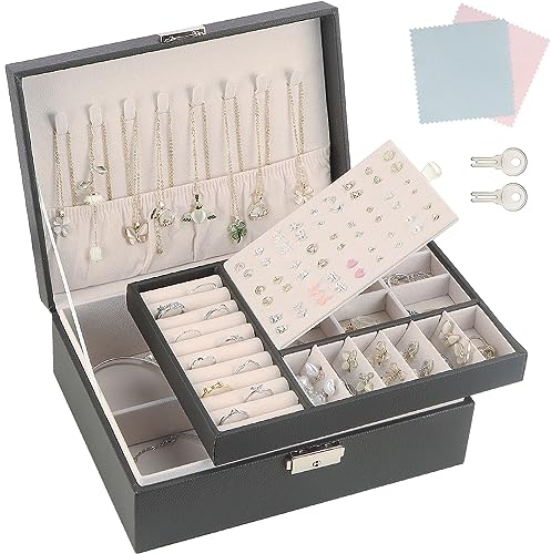 TEIVUL Schmuckkästchen,Damen 2-schichtige Schmuckaufbewahrung,PU-Leder Schmuckkasten mit Schloss,geeignet für Halsketten,Ringe,Ohrringe,Armbänder,Jewelry Organizer für Frauen und Mädchen (schwarz)