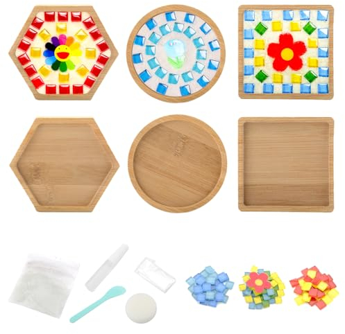 APOMOONS 3 Stück Porzellan-Mosaik Fliesen-Mosaik-Kit mit Holzuntersetzer Mosaiksteine, Saugfähig Kork Keramik Glasuntersetzer, DIY Mosaik Untersetzer Bastelbedarf, Untersetzer Handgefertigte (Blumen)