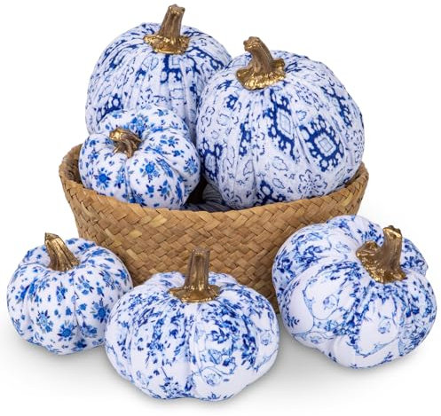 6er Set Künstlicher Kürbis Deko Herbst Kunstkürbis für Halloween Wohnzimmer Tischdeko, Blauer und Weißer Dekokürbis Kunstpflanze Wie Echt Herbstdeko