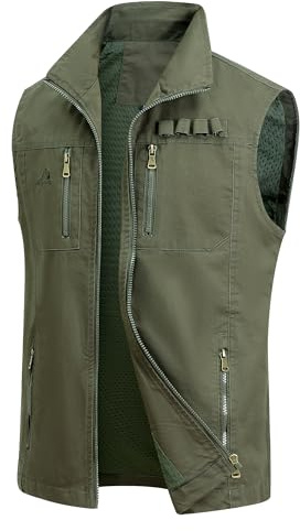 MeiLayM Homme Gilet de Pêche Gilet Plein air Légère Respirant Veste Loisirs Vintage Gilet Sans Manches Veste de Sport Chasse Gilet Zippé Voyage Photographie Camping Chasse Gilets Vert Armée,XXL