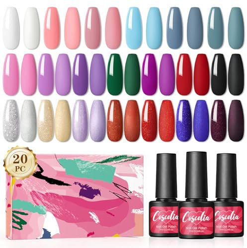 COSCELIA Nagellack, semi-permanent, 20 Farben, Weiß, Violett, Rosa, Rot, Schwarz, UV-Gel, semi-permanent, Soak Off, Salon, Maniküre, 20 x 7 ml