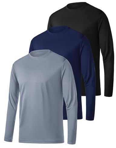 3 Pack Mens Quick Dry Long Sleeve T Shirt Breathable Running Sport Gym Tops UV Sun Protection Hiking Fishing Casual T-Shirt Black/Navy/Grey L