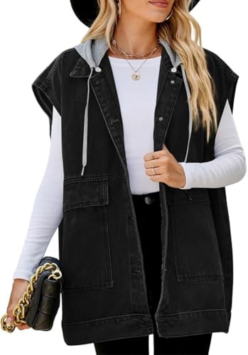 Chaleco Vaquero con Capucha para Mujer Moda Chaleco Vaquero Largo Oversize Boyfriend Casual sin Mangas Vintage Abotonado Solapa Chaqueta clásica Primavera y Otoño (Negro,XL)