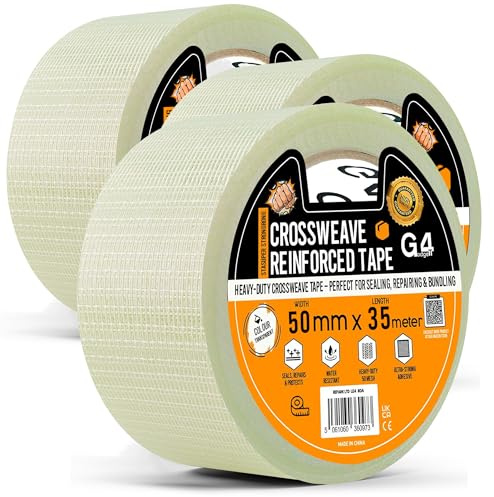 G4GADGET Strong Crossweave Reinforced Tape – 3 Rolls, 50mm x 35m Each, Transparent Bi-Directional Fiberglass Filament Tape, Heavy Duty Packing & Cricket Bat Tape for Sealing, Shipping & Storage