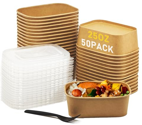 25OZ Paper Food Containers【with Lids & Forks】Disposable Meal Prep Containers 50 Pack Rectangle Take Out Box for Salad, Hot/Cold Food, Treat Serving Bowls for To Go Food, Office Lunch, Picnic, Party