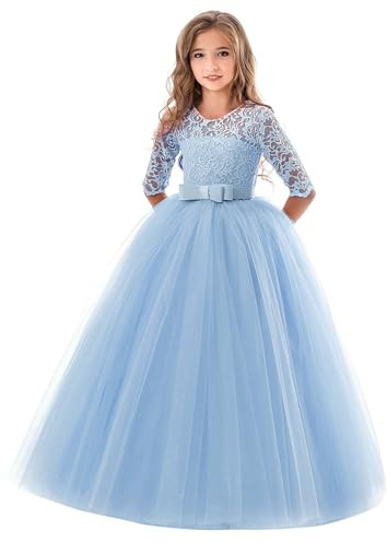 Enfants Fille Robe de Carnaval Princesse Longue en Dentelle avec Bowknot Demoiselle d'honneur Dress de Soirée Mariage Robe de Première Communion Anniversaire Fête Photographie
