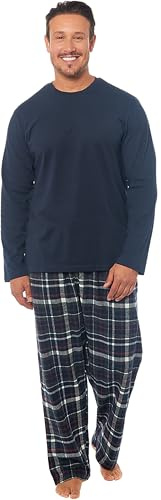 MICHAEL PAUL Mens Soft Jersey Pyjamas | PJ Sets Nightwear Sleepwear Loungewear Modern Set with Check Bottoms | Soft Twosie Pyjama for Men Gifts for Him (UK, Alpha, M, Regular, Regular, Navy)