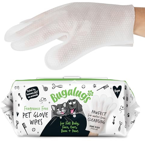 BUGALUGS Dog Glove Wipes, pet wipes for full body, eye wipes, ear wipes, bum & paws. 30 sensitive dog grooming glove wipes for dogs, puppy & cat grooming, One size fits all (Fragrance Free)