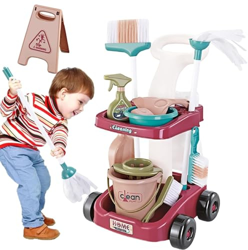 Generisch -Juego de limpieza | Juego de juegos para el hogar, escoba y carrito de limpieza para niños pequeños, incluye aspiradora real, escoba, botella de spray y más para niñas