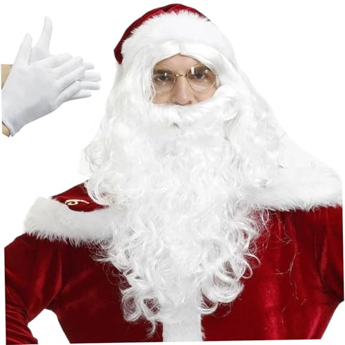 Gcroet Tomte skägg och peruk set med hatt, handskar och glasögon 5 st julkostym sött lockigt hår tomte kostym för cosplay fest.