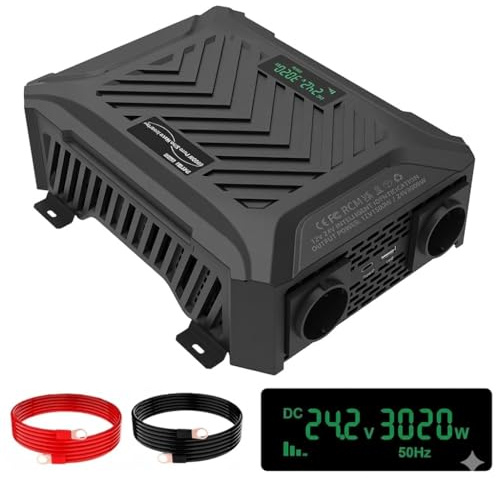 DATOUBOSS Inversor de Corriente Onda Sinusoidal Pura 6000W (Pico) para Soldador y Camión, 12V/24V Auto a 220V 230V, 2 Tomas EU Schuko, Especial para Autocaravana, Placa Solar, LCD