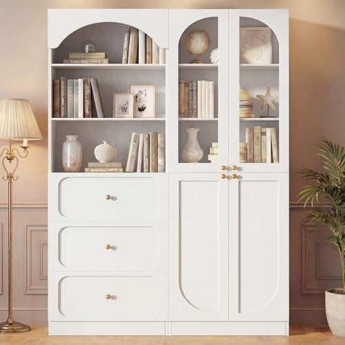 Cyclysio 80 Tall Bookshelf System with 3 Drawers, Arched Bookcase with Glass Doors, Wooden Pantry Storage Organizer Cabinets with 3-Tier Open Shelves for Living Room, Kitchen, Bathroom