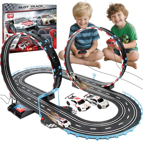 JONRRYIN Circuit Voiture Electrique pour Enfants, 2 Slot Cars Racing Échelle 1:43 Circuit de Course Electrique avec Voitures et Accessoires 6 7 8 9 12 Jahren