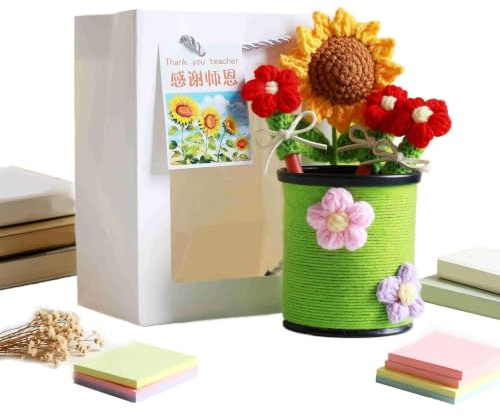 Crocheted Pen Holder Flower Finished Crochet Decor - With 3 Pencil | Pen Desk Organizer for School Classroom Home Dorm Library Studio Teacher Student Artist Secretary Counselor